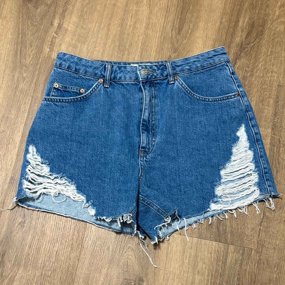 Topshop High-Rise Distressed Denim Shorts - Blue Size US 10
